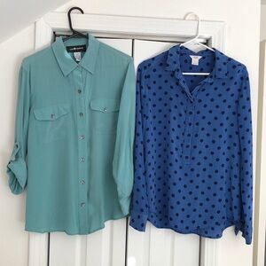 100% Silk Blue Polka Dot Teal Button-Up Shirts Lot Long Sleeve